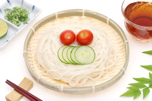 Japanese somen noodles in dish with soy sauce