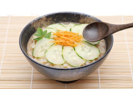 Japanese hiyajiru cold miso soup on bamboo background