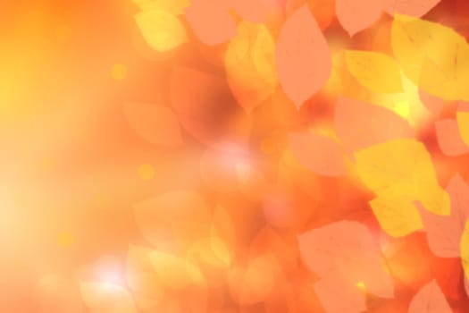 Abstract autumn gradient gold yellow pink bright background texture with leaves and bokeh circles. Indian summer. Card design with space. Beautiful backdrop.
