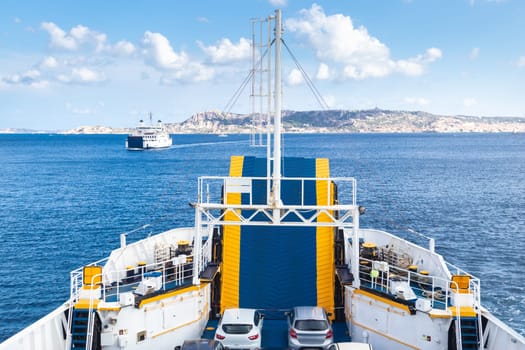 Ferry boat ship sailing between Palau and La Maddalena town, Sardinia island, Italy.