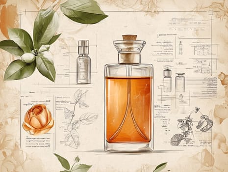 Detailed infographic highlights the journey of perfume production, featuring botanical ingredients, design sketches, and production techniques, illustrating art and science collaboration.