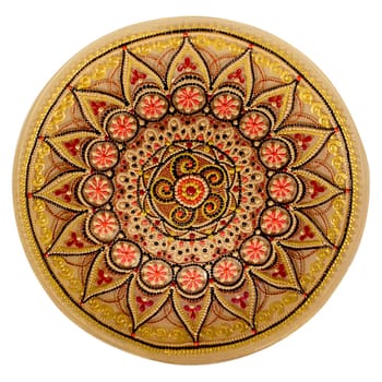 Set of decorative ceramic dishes hand-painted with acrylic paints floral pattern isolated on white background.