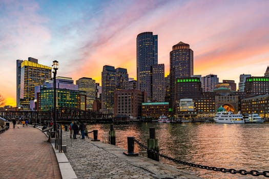 Boston Downtown skylines building cityscape sunset at Boston city, MA, USA.