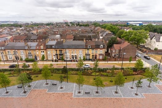 aerial view of Liverpool house around Anfield road and stadium in Liverpool England UK