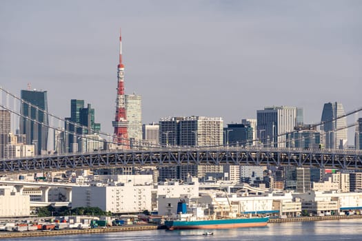 Aerial view of Tokyo skylines with Rainbow bridge and tokyo tower over Tokyo bay in daytime from Odaiba in Tokyo city Kanto Japan.