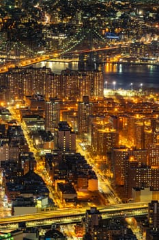 Aerial view of Manhattan bridge with Lower Manhattan in New York City, New York State NY , USA