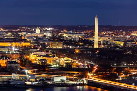 Aerial view of Washington DC cityscape from Arlington Virginia USA.