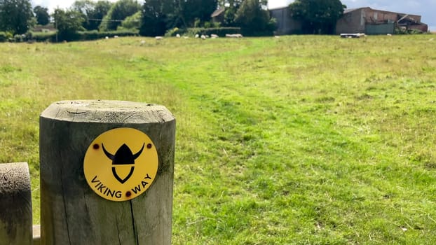 Yellow Viking Way long distance footpath sign in Lincolnshire, UK countryside. Green grass, trees, fence and sheep in field. Summer day, blue sky.