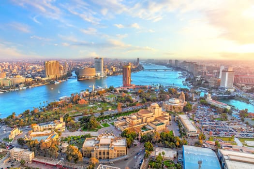 Cairo downtown and the Nile river, aerial view, Egypt.