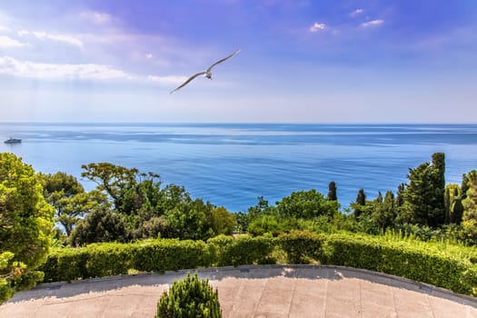 Beautiful Black sea view from the terrasse of the Vorontsov Palace in Crimea.