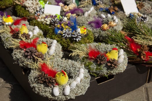 Easter market in Europe. Handmade Easter decorations on market