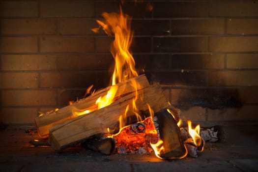 Close up shot of burning firewood in the fireplace.
