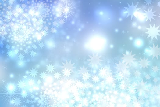 Abstract blurred festive light blue winter christmas or Happy New Year background with shiny blue and white bokeh lighted snowflakes and stars. Space for your design. Card concept.