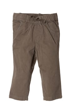 Children pants isolated. Closeup of khaki denim pants isolated on a white background. Sporty fashion for kids.
