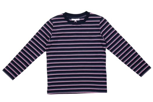 Striped shirt. Closeup of a black pink striped t-shirt with long sleeves isolated on a white background. Unisex summer fashion children.