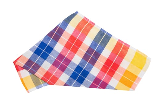 Closeup of a blue, white, red, yellow, and orange checkered napkin or tablecloth isolated on white background. Dishtowels are kitchen accessories.