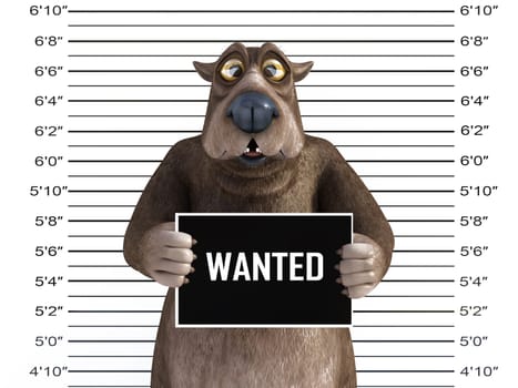 3D rendering of a charming cartoon bear holding a Wanted sign while getting his mug shot, looking a bit confused.