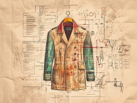 This infographic outlines the design elements of a tailored coat, including color choices and construction details. Technical drawings and notes accompany the visual design for reference.