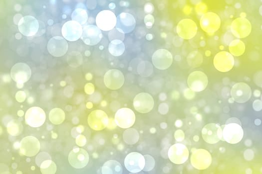Abstract festive light blue silver yellow bokeh background texture with colorful circles and bokeh lights. Beautiful backdrop with space.