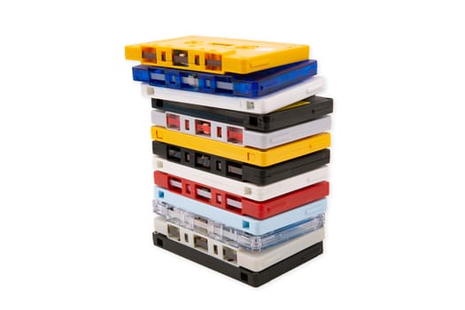 Colorful stacked Music Tapes from the 80s on bright Background