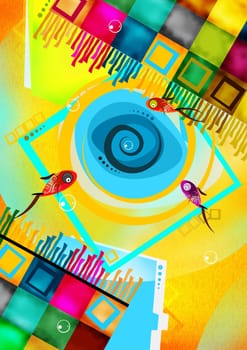 Illustration of Pool with Fishes and Colorful Carpets, Children Books Illustration.