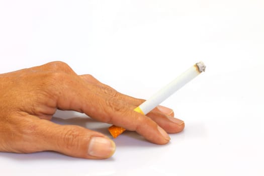Cigarette in hand  of men on white background