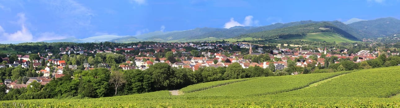 General view in the panorama of the city Müllheim. The wine town lies in the border triangle of Germany, France and Switzerland.