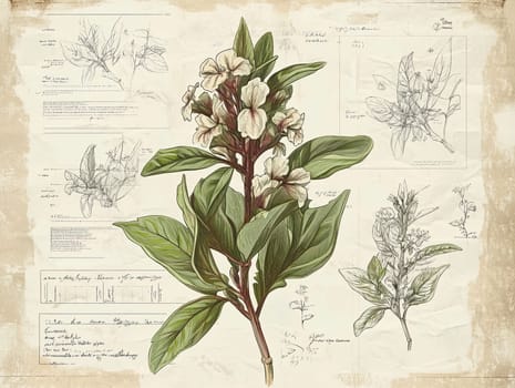 A well-crafted botanical infographic displays detailed sketches of flowering plants along with handwritten scientific notes and annotations from a historic manuscript.