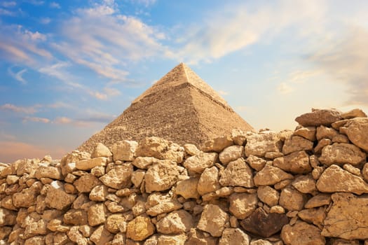 The Pyramid of Khafre in the stones of the Giza desert, Egypt.