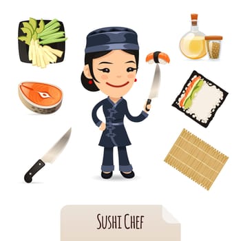 Female Sushi Chef Icons Set. In the EPS file, each element is grouped separately. Isolated on white background.