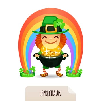 Lucky Leprechaun with coins in front of a rainbow. In the EPS file, each element is grouped separately. Isolated on white background.