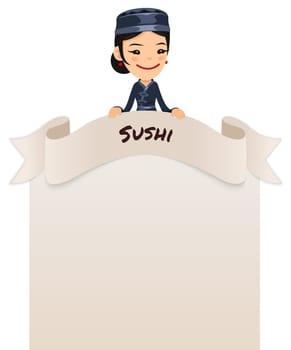 Asian Female Chef Looking at Blank Menu on Top. In the EPS file, each element is grouped separately. Isolated on white background.