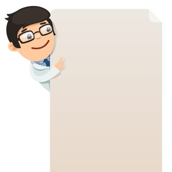 Doctor looking at blank poster. In the EPS file, each element is grouped separately. Isolated on white background.