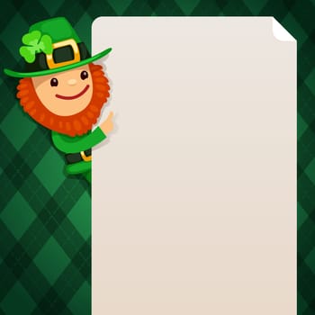 Leprechaun looking at blank poster on green background. In the EPS file, each element is grouped separately. Isolated on white background.
