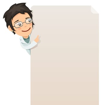 Doctor looking at blank poster. In the EPS file, each element is grouped separately. Isolated on white background.