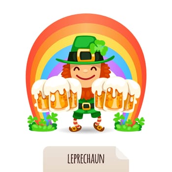 Lucky Leprechaun with a beer in front of a rainbow. In the EPS file, each element is grouped separately. Isolated on white background.