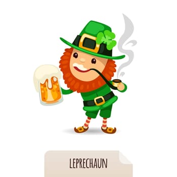 Leprechaun with beer smokes a pipe. In the EPS file, each element is grouped separately. Isolated on white background.