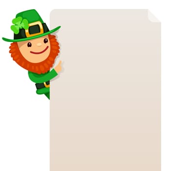 Leprechaun looking at blank poster. In the EPS file, each element is grouped separately. Isolated on white background.