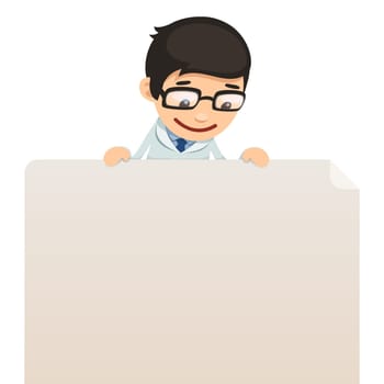 Doctor looking at blank poster on top. In the EPS file, each element is grouped separately. Isolated on white background.