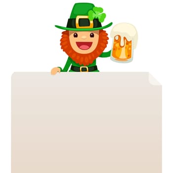 Leprechaun looking at blank poster on top. In the EPS file, each element is grouped separately. Isolated on white background.