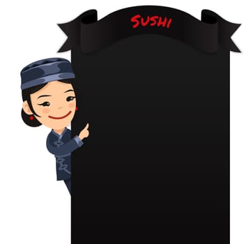 Asian Female Chef Looking at Blank Menu. In the EPS file, each element is grouped separately. Isolated on white background.