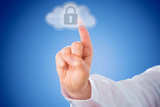 Raised male right index finger is pushing a transparent cloud button from behind. The highlighted cloud computing key does show a padlock icon. Blue background with even gradient. Close-up.