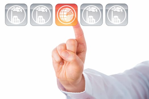 Male index finger touching a transparent interface button that displays a geothermal energy icon on its face. Four other push buttons with smoking factory icons do remain grey. Isolated on white.
