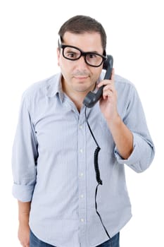 young man with a phone, isolated on white