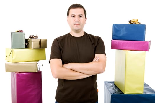 happy silly salesman with some boxes, isolated on white