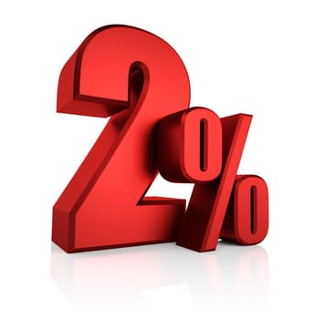 3D rendering of 2 percent in red letters on white background