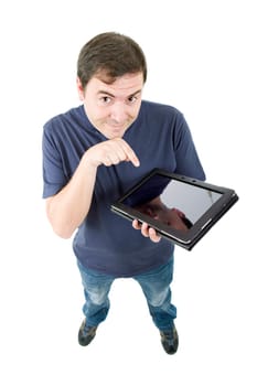 young casual man full body with a tablet, isolated