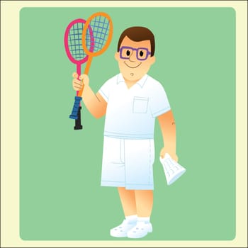 Full man in summer clothes deals with sports playing badminton