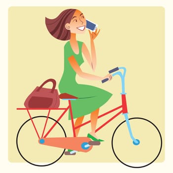 A healthy way of life. Young woman riding a bike and talking on the smartphone