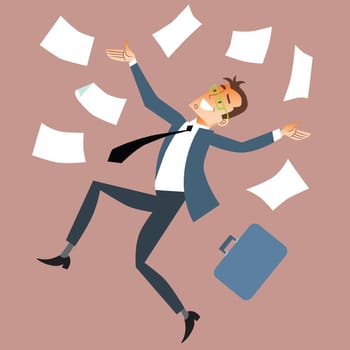 Work behind the dismissal, Friday or madness. Businessman throws paper